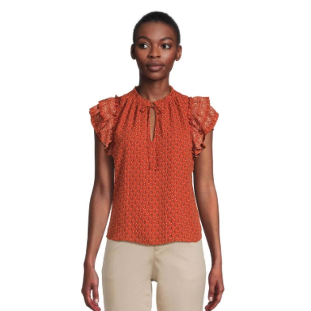 BCBG Paris Orange Ruffle Neck Flutter Sleeve Blouse - Size - Large